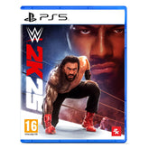 PlayStation 5 game case for WWE 2K with a wrestler and close-up of a face.